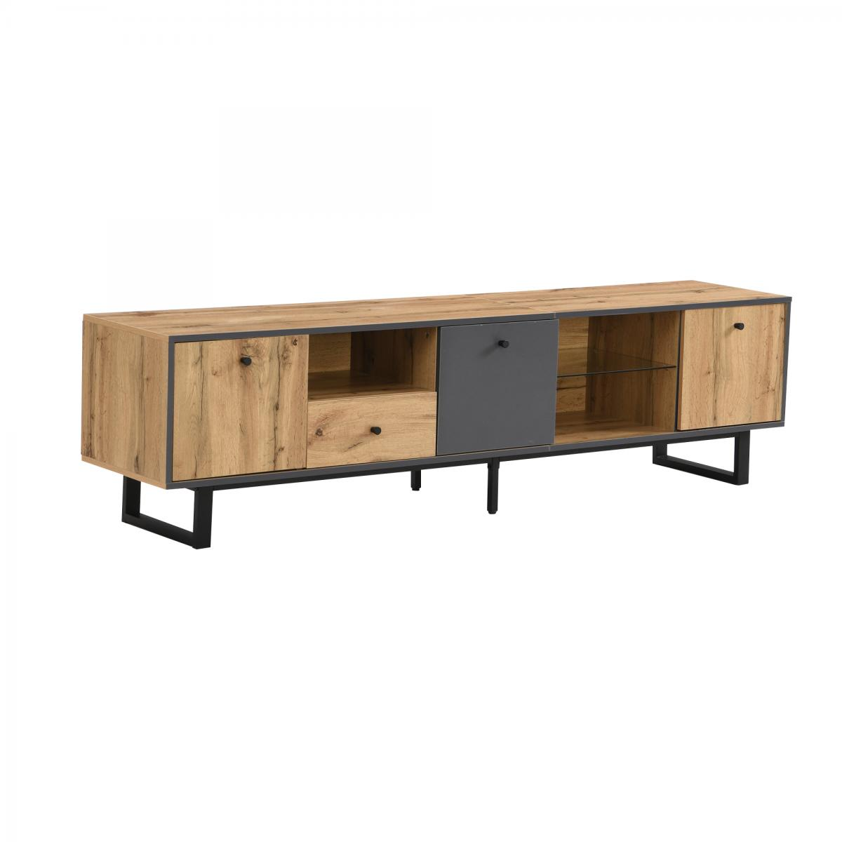 Ein TV-Ständer aus Holz mit grauen und Holzpaneelen. Er hat Türen, Schubladen und offene Regale. Schwarze Metallbeine tragen den Ständer.