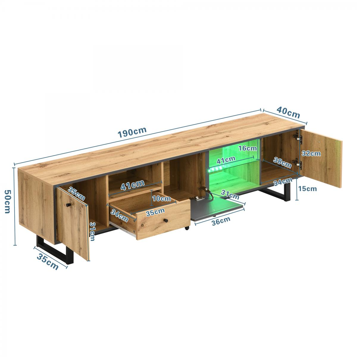 TV-Schrank aus Holz mit Fächern. Abmessungen sind beschriftet. Zwei Türen, eine Schublade und offene Regale sind sichtbar. Grünes Licht innen.
