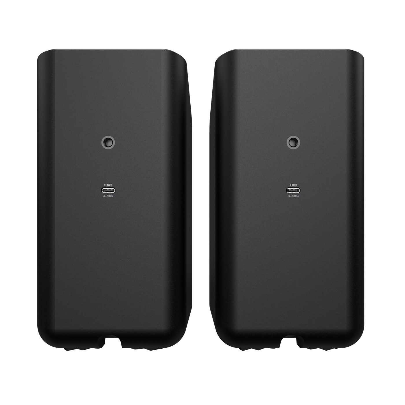 Due dispositivi neri e rettangolari con angoli arrotondati. Ognuno ha un piccolo cerchio e una porta USB-C con l'etichetta "SERVICE".