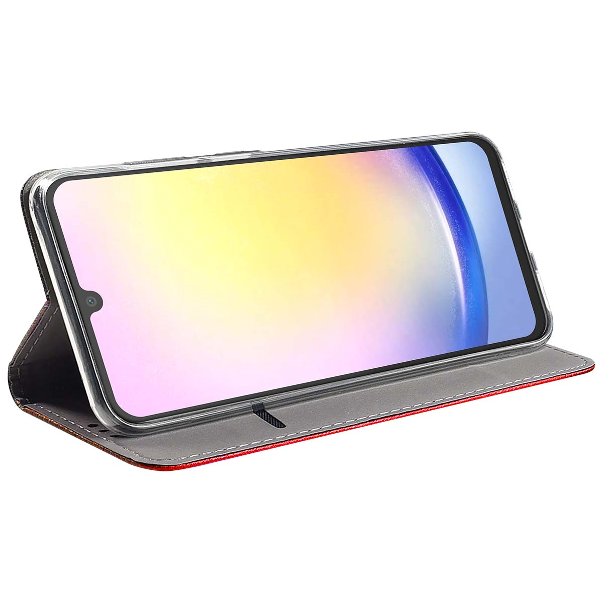 Uno smartphone in una custodia, lo schermo mostra una sfumatura colorata. La custodia è aperta, mostrando l'interno. Lo sfondo è bianco.