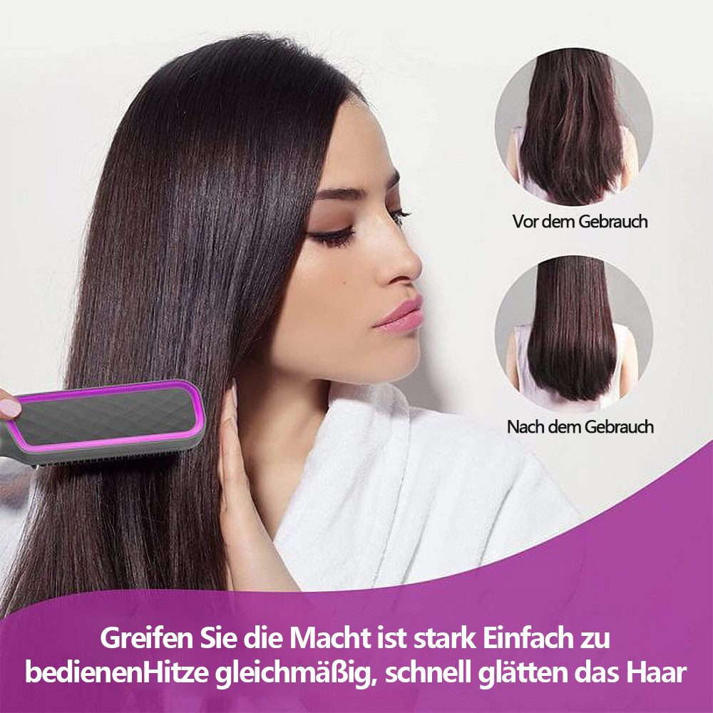 Frau benutzt Glätteisen. Vorher-Nachher-Bilder zeigen Effekt. Text: Einfach zu bedienen, Hitze gleichmäßig, Haare schnell glätten.