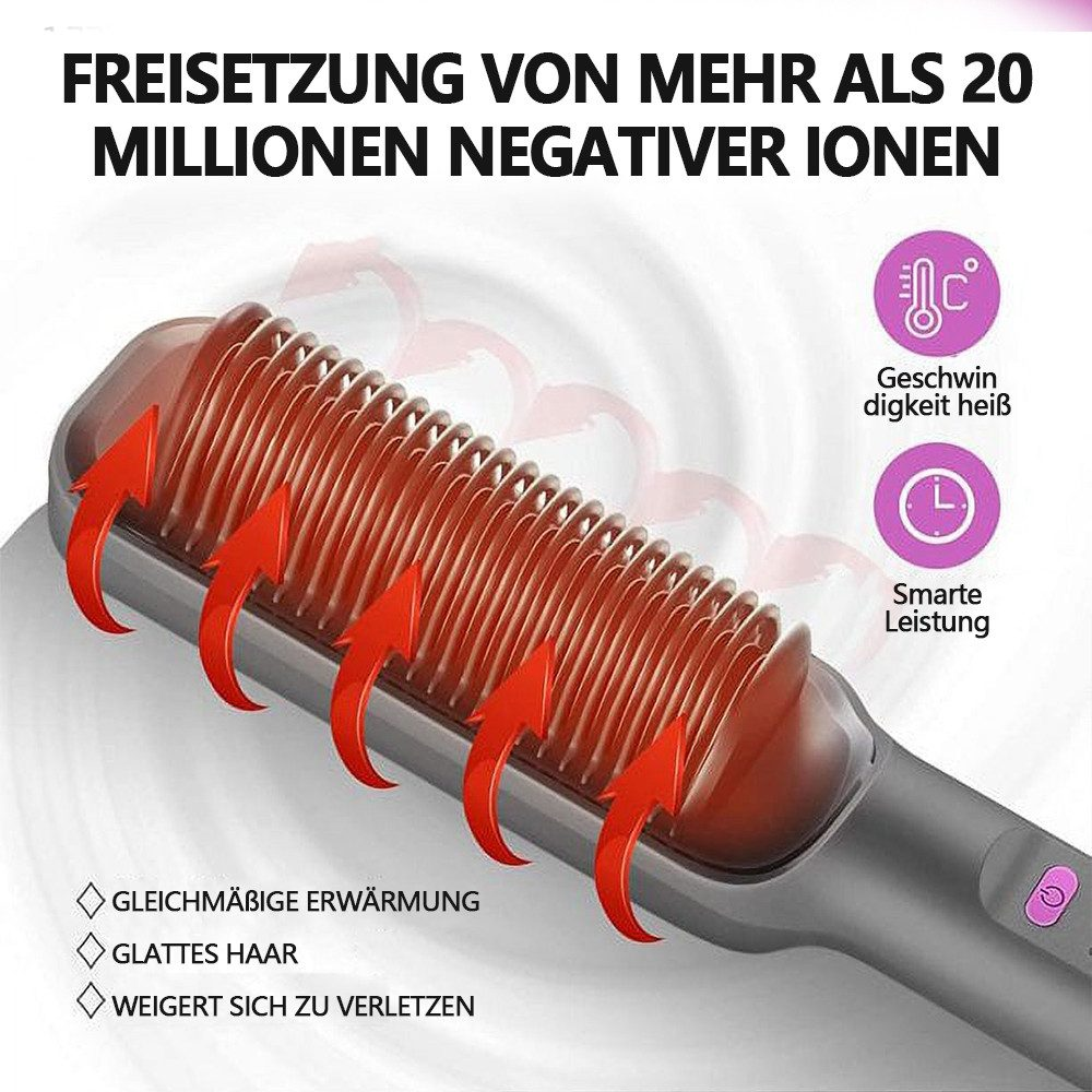 Eine Haarglättungsbürste mit roten Pfeilen, die den Wärmefluss zeigen. Text enthält 'negative Ionen', 'gleichmäßiges Heizen' und Icons.
