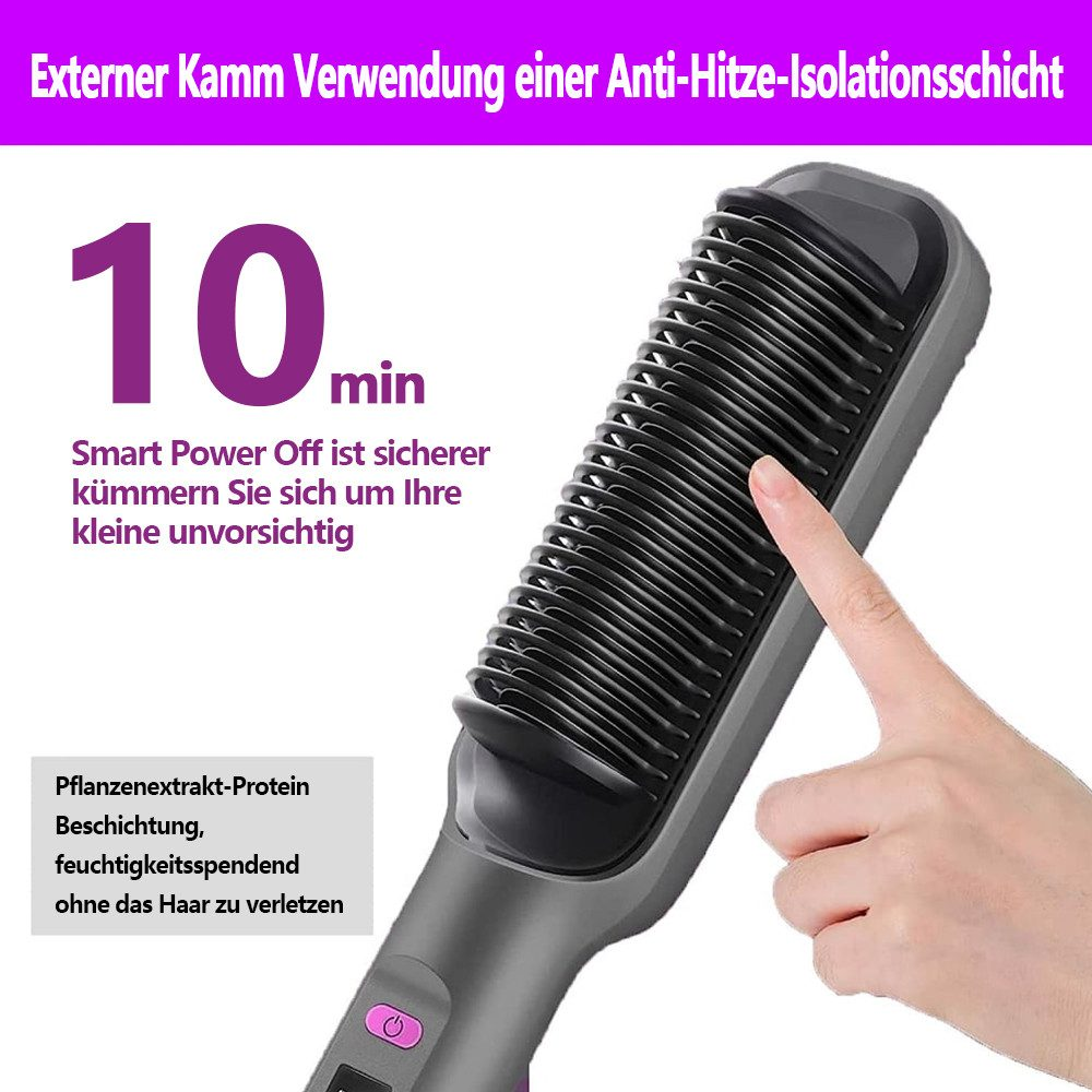 Eine Hand berührt einen schwarzen Haarglätter. Text beinhaltet '10 min' und Vorteile wie 'feuchtigkeitsspendend' und 'keine Haarschäden'.