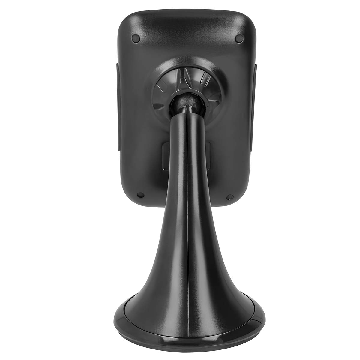Un supporto nero per telefono da auto. Ha una culla rettangolare e una base a forma di tromba. Lo sfondo è bianco.