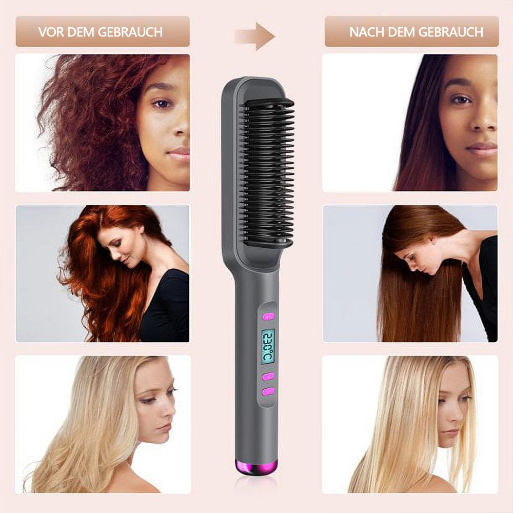 Das Bild zeigt Haare vor und nach der Verwendung einer Haarglättungsbürste. Drei Frauen mit unterschiedlicher Haarfarbe und eine Bürste in der Mitte.