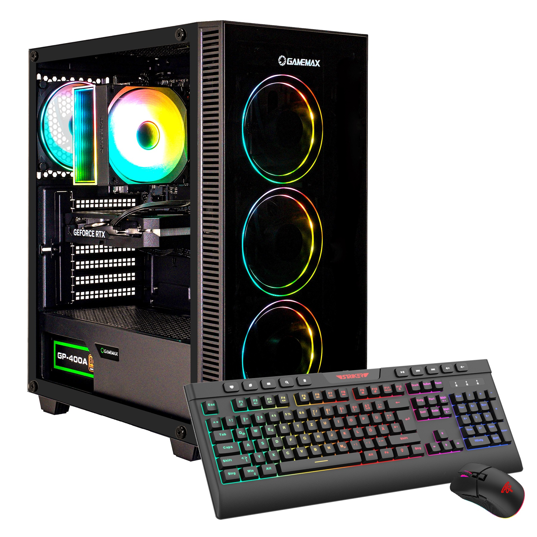 Ein Computergehäuse mit RGB-Lüftern, einer Tastatur und einer Maus. Das Gehäuse ist schwarz mit einer Glasscheibe. Tastatur und Maus sind schwarz.