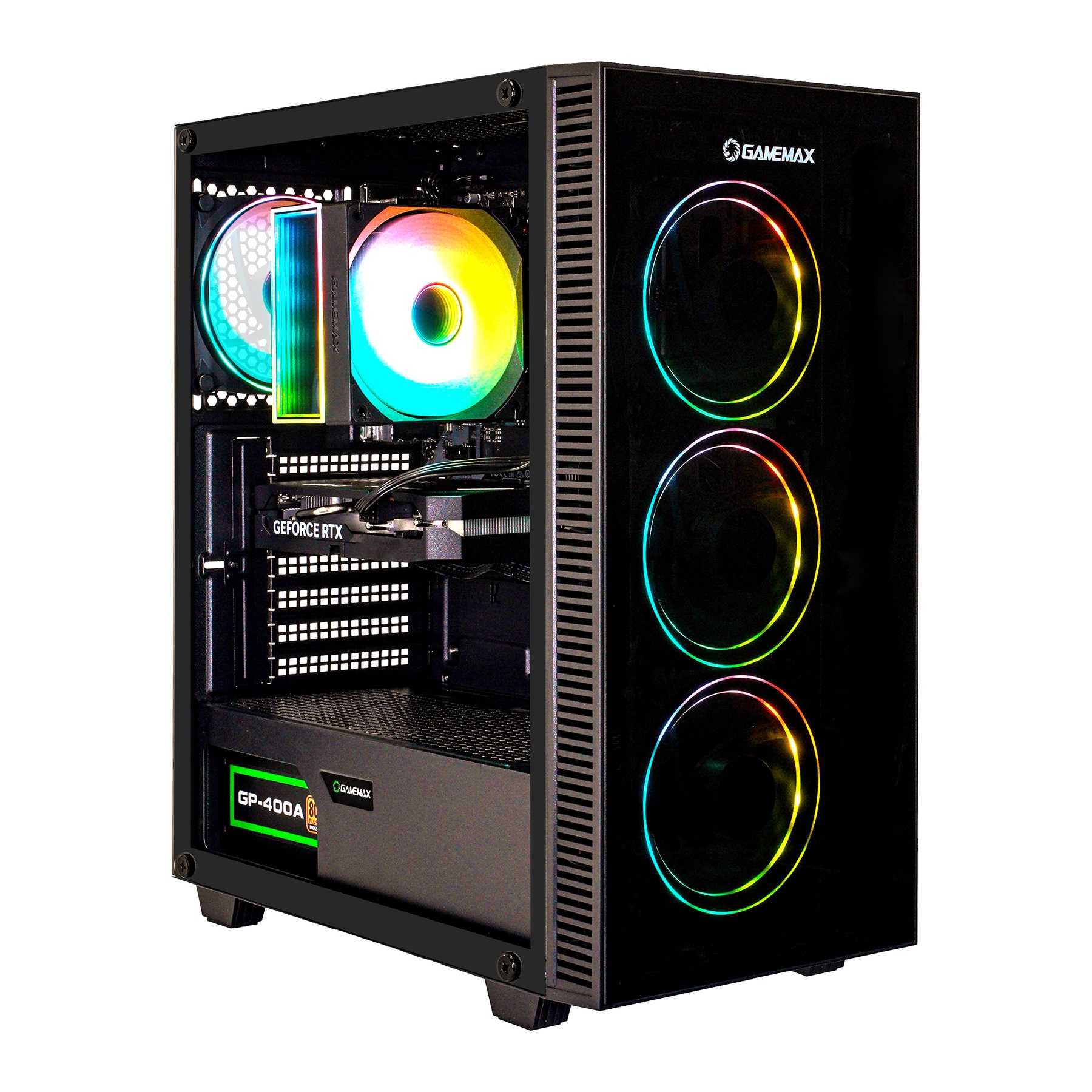 Ein schwarzes Computergehäuse mit Glasfront und LED-Lüftern. Komponenten im Inneren, einschließlich einer Grafikkarte. GAMEMAX-Logo sichtbar.