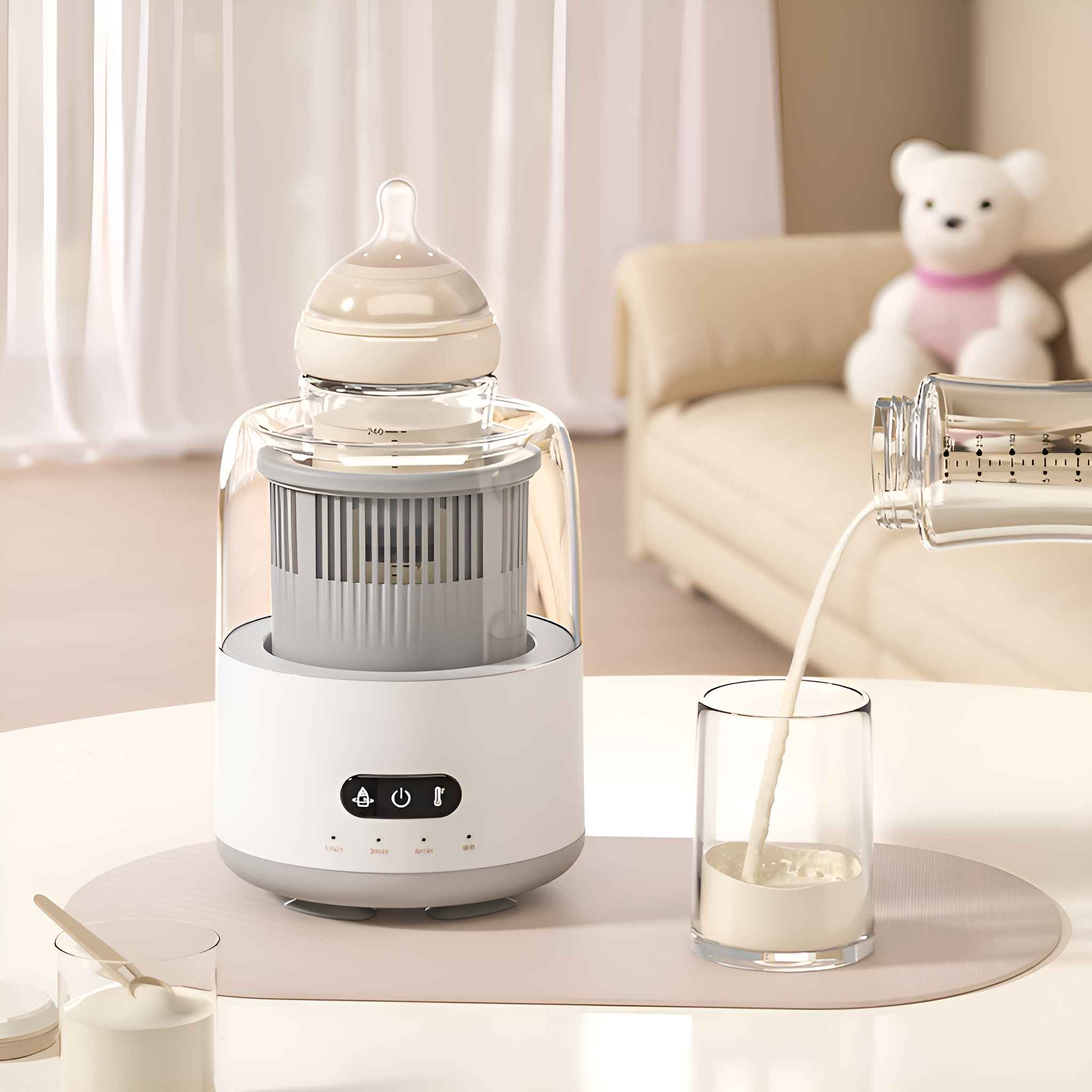 Ein Babyflaschenwärmer mit einer Flasche obenauf. Milch wird in ein Glas gegossen. Im Hintergrund sitzt ein Teddybär.