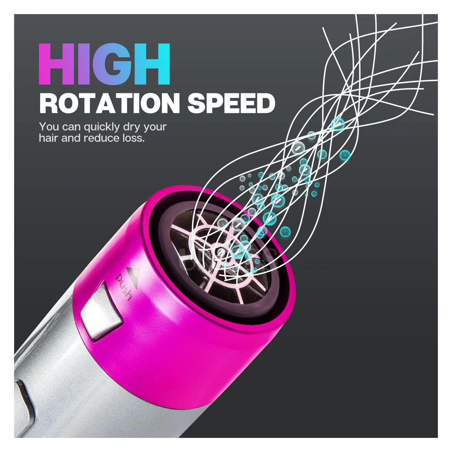 Ein Haartrockner mit rosa und silberfarbenem Gehäuse. Text: 'HIGH ROTATION SPEED'. Weiße Linien und blaue Blasen deuten auf Luftstrom hin.