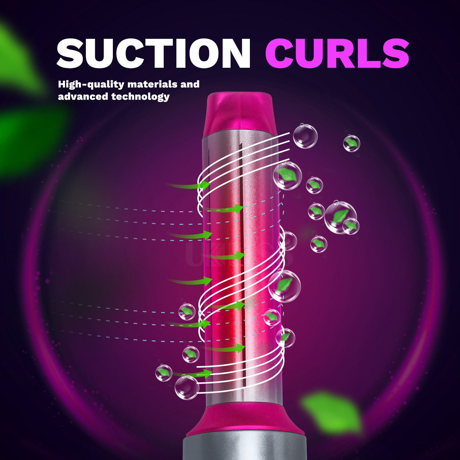Pink-silberner Lockenstab mit weißen Linien und grünen Pfeilen. Blasen mit grünen Blättern schweben herum. Text: SUCTION CURLS.