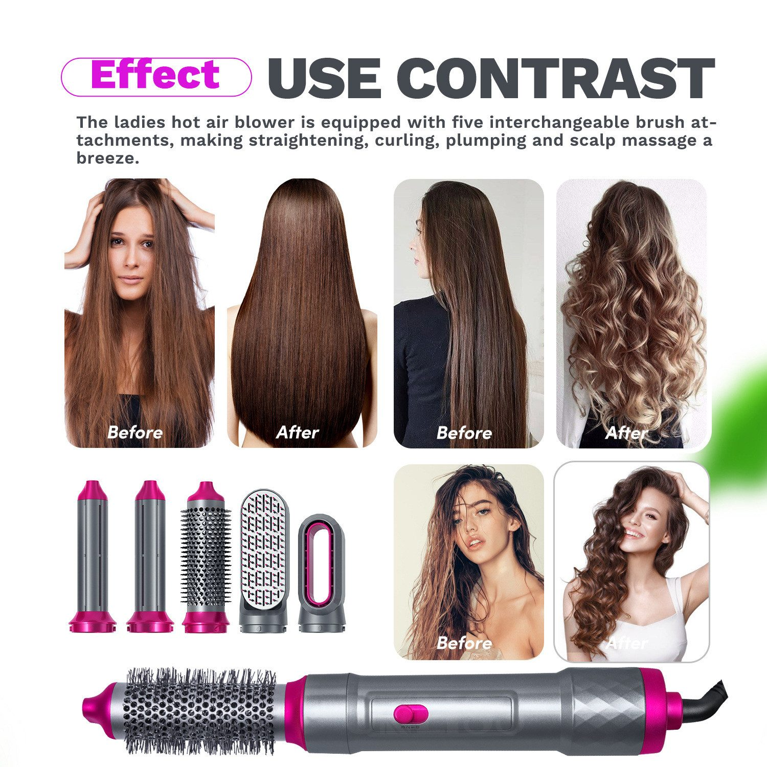 Haarstyling-Tool mit Aufsätzen und Vorher-/Nachher-Fotos, die die Haartransformation zeigen. Enthält Beispiele für glattes und lockiges Haar.