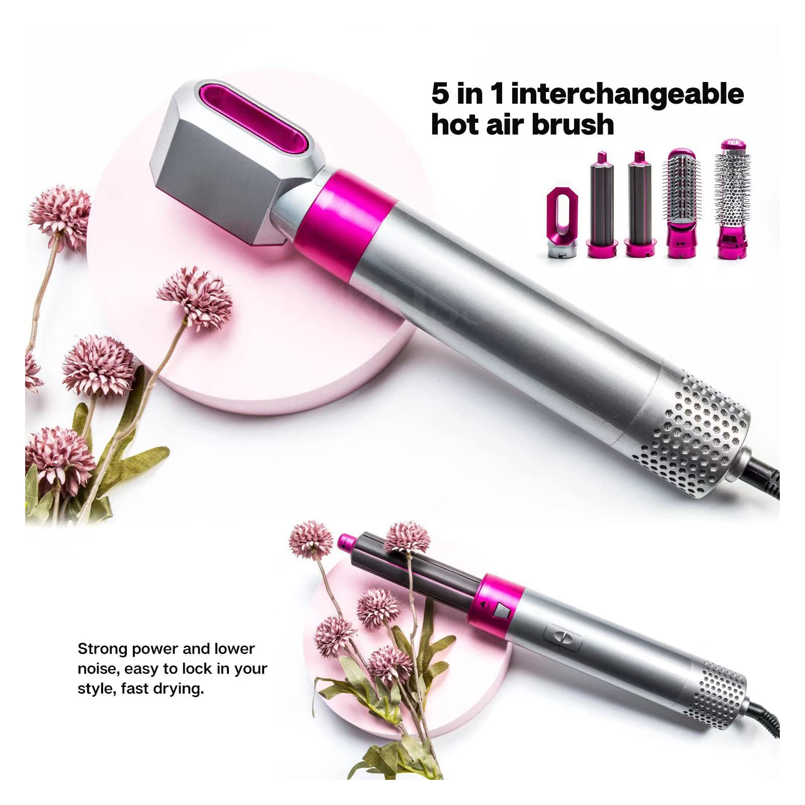 Eine 5-in-1-Heißluftbürste mit Aufsätzen, Silber und Pink, mit Blumen auf weißem Hintergrund. Text: schnell trocknend, einfach zu stylen.