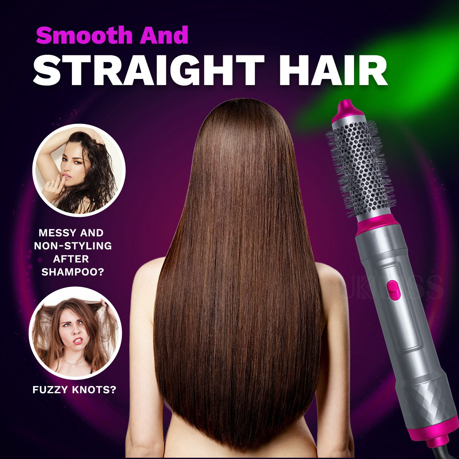 Das Bild zeigt das glatte Haar einer Frau, ein Haarstyling-Werkzeug und Vorher-Nachher-Bilder von unordentlichem Haar. Der Text lautet: 'Glattes UND GLATTES HAAR'.