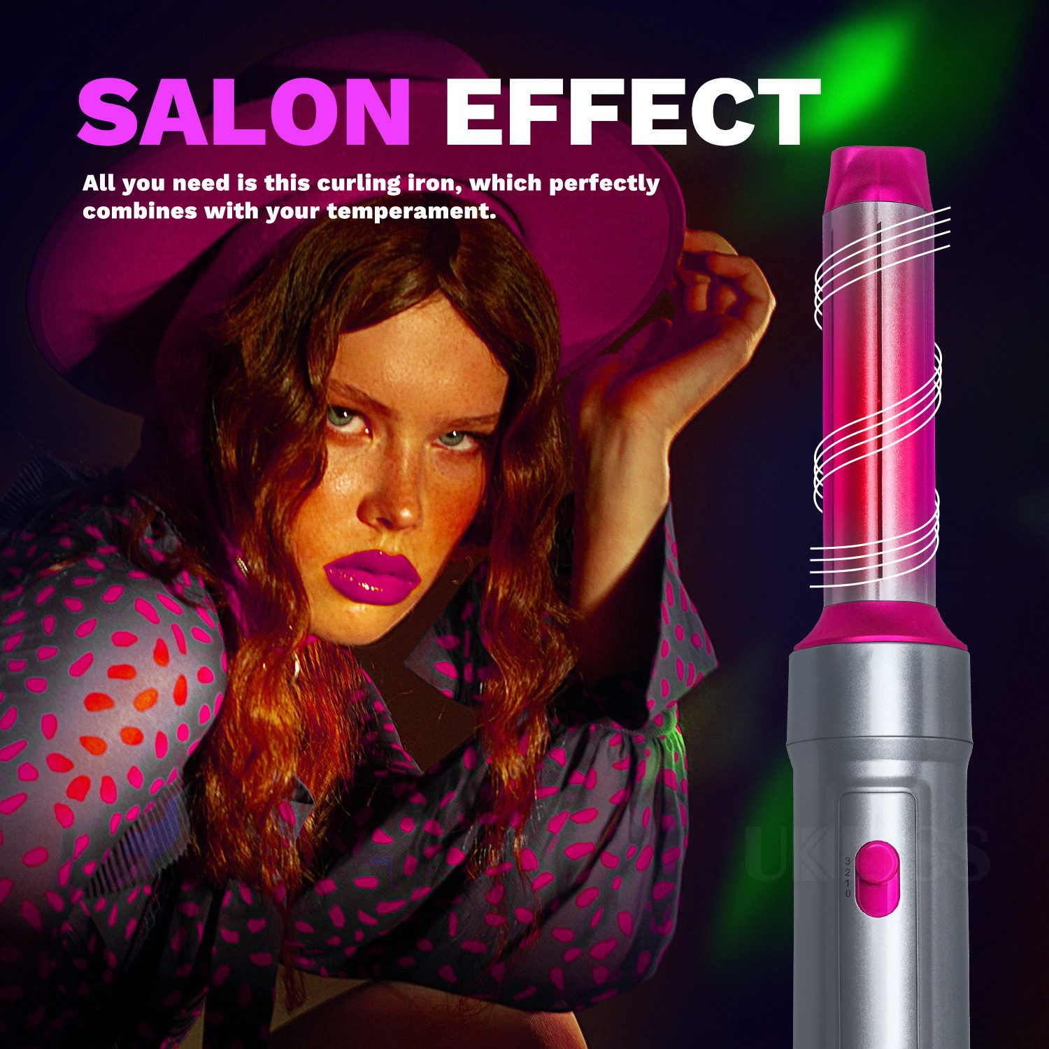 Eine Frau mit pinkfarbenem Lippenstift und Hut hält einen Lockenstab. Der Text lautet 'SALON EFFECT'.