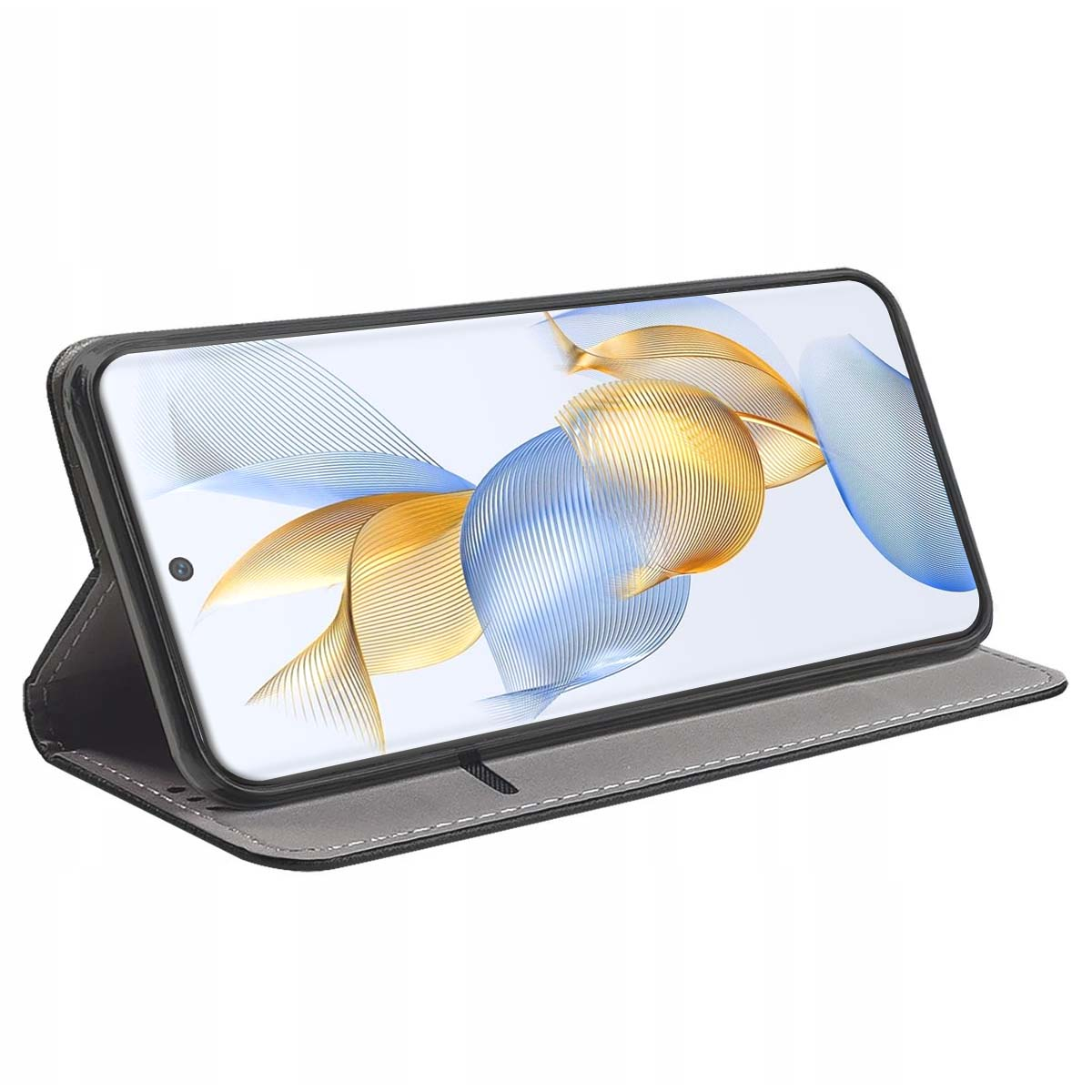 Uno smartphone in una custodia a libro nera e grigia. Lo schermo mostra un design astratto e colorato.