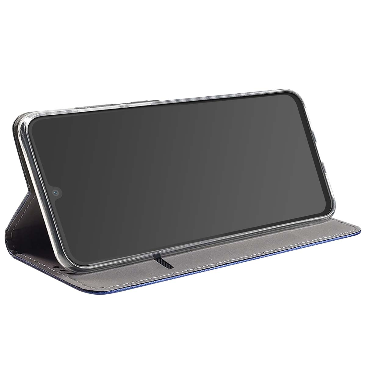 Uno smartphone in una custodia blu e grigia. Lo schermo è nero. La custodia è aperta, mostrando lo schermo e l'interno della cover.
