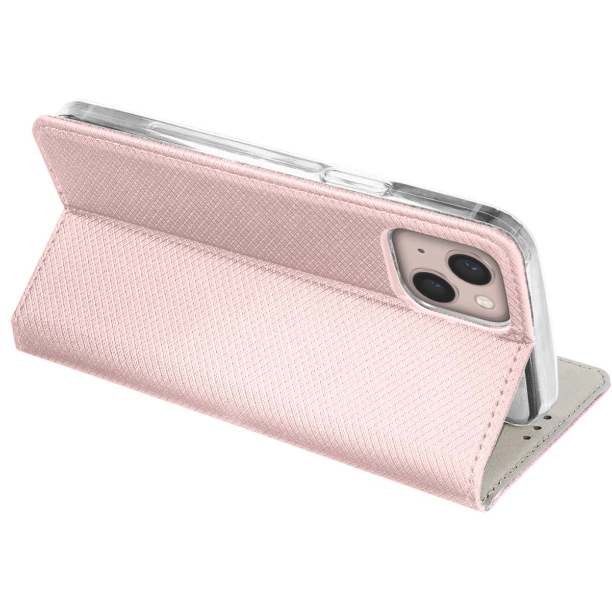 Una custodia rosa per telefono con un telefono trasparente all'interno, è aperta. La custodia è su una superficie bianca. La custodia è strutturata.