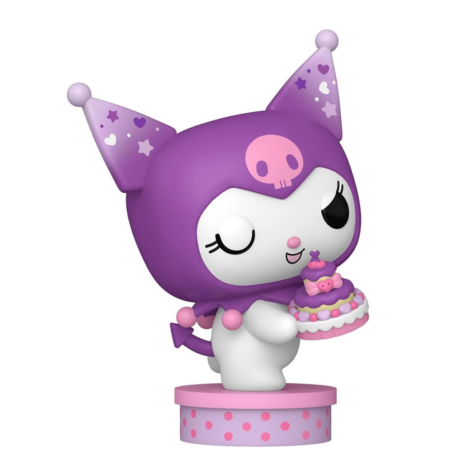 Una figura con capucha morada con una calavera en la cabeza sostiene un pastel. Se encuentra sobre una plataforma rosa y morada con lunares.