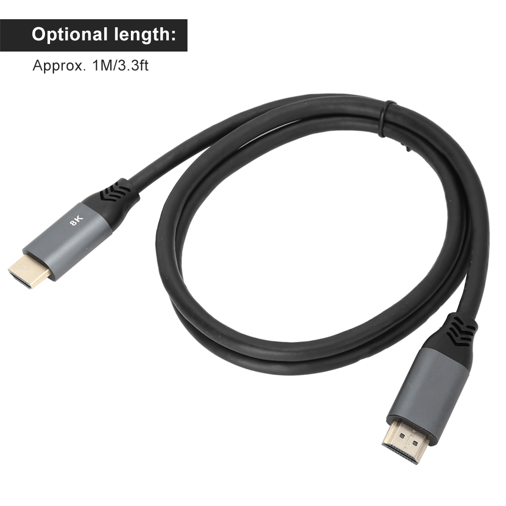 Ein schwarzes HDMI-Kabel mit grauen Steckern. Das Kabel ist geschlungen. Text zeigt 1M/3,3ft Länge an.