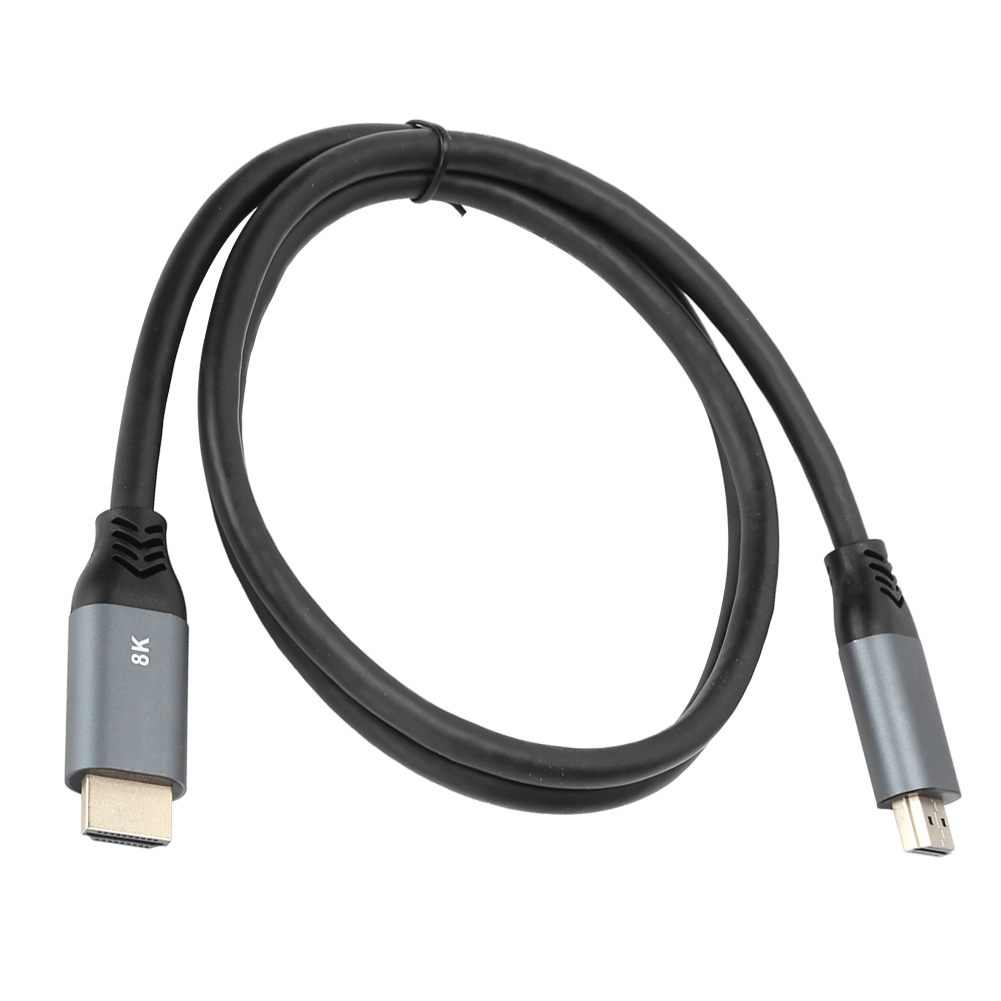 Ein schwarzes HDMI-Kabel, gebogen, mit grauen Steckern. Ein Stecker hat "8K".