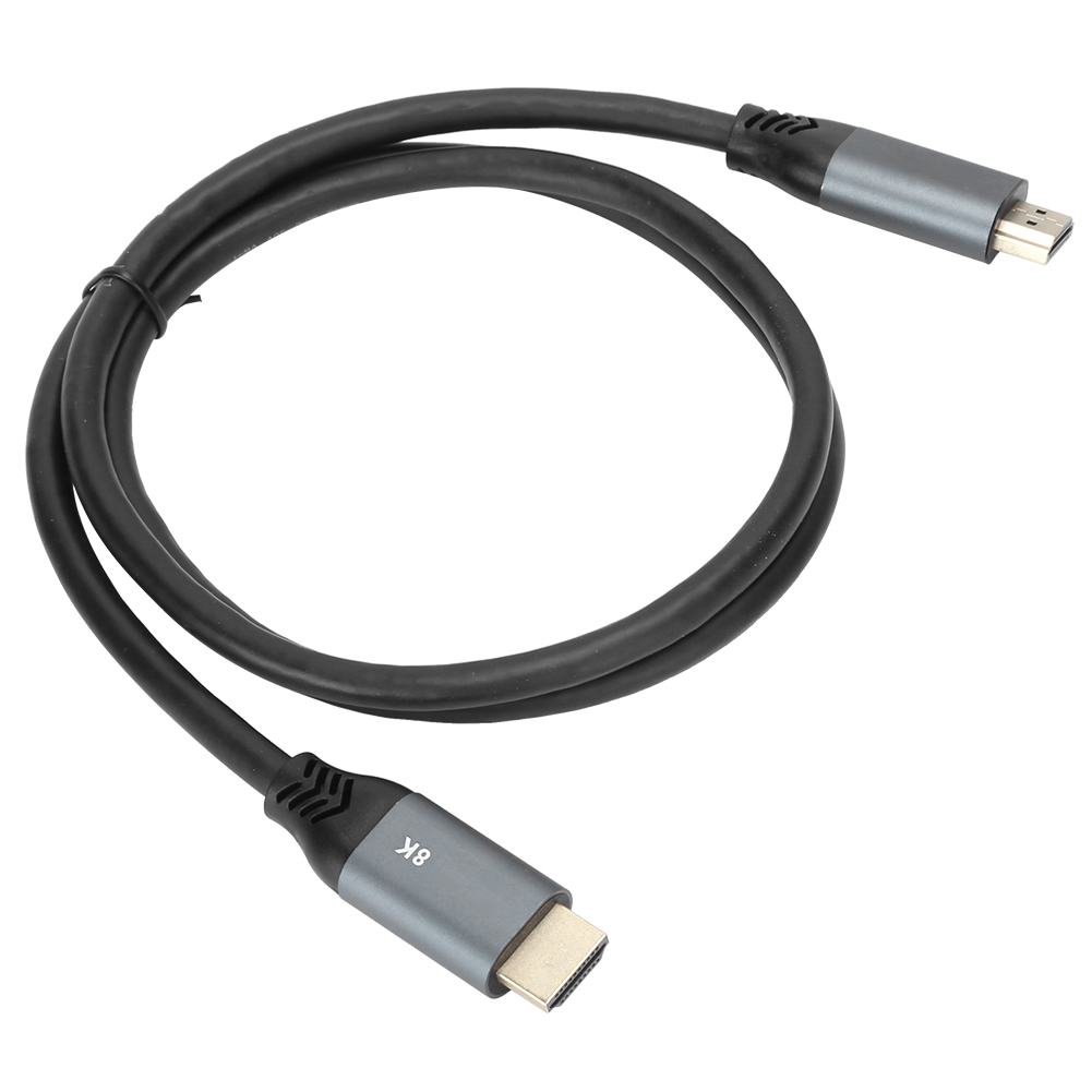 Ein 8K-HDMI-Kabel. Schwarzes Kabel mit grauen Steckern an jedem Ende. Das Kabel ist in einer Schleifenform gebogen.
