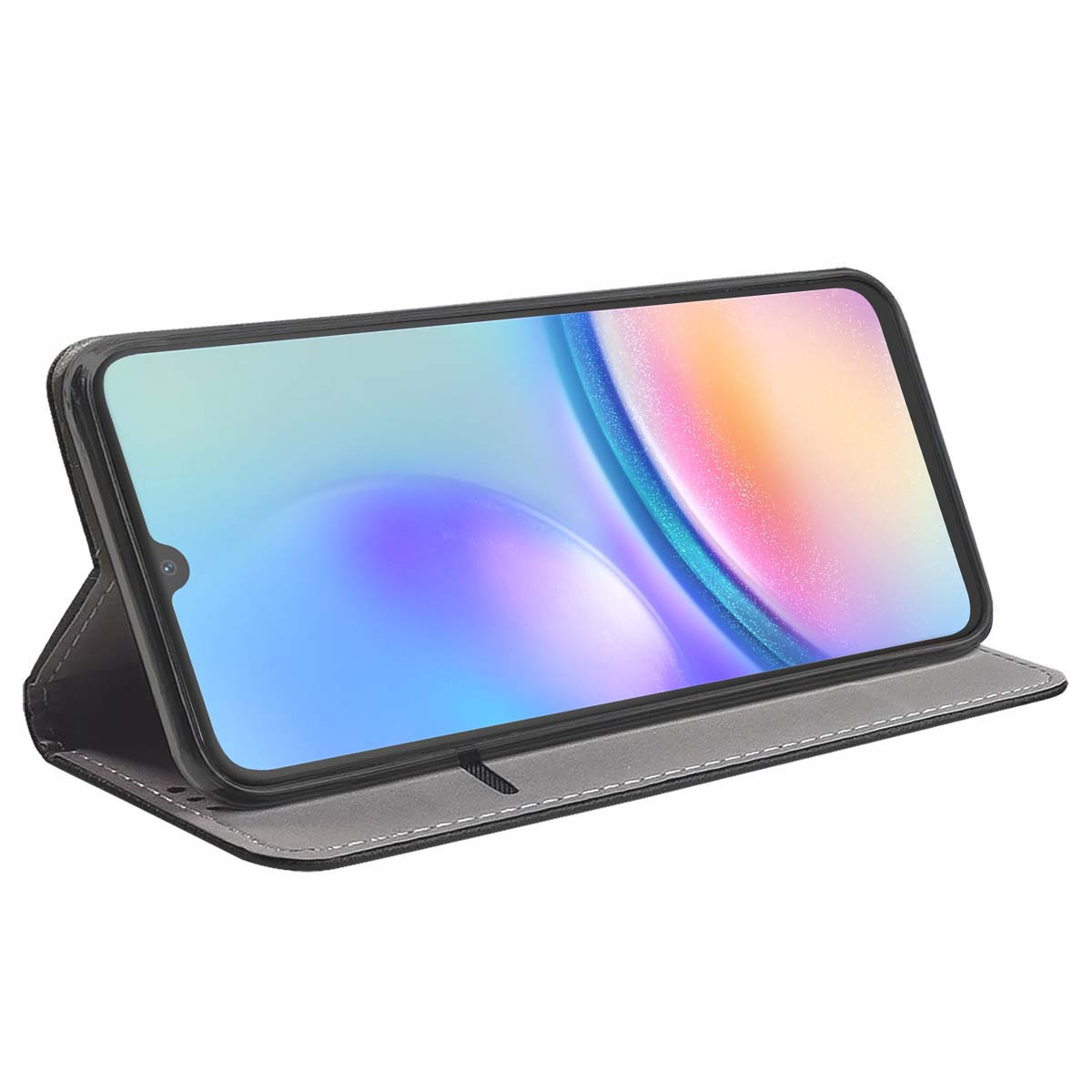 Uno smartphone in una custodia nera è in mostra. Lo schermo mostra un'immagine astratta colorata. La custodia è aperta e appoggiata su una superficie grigia.