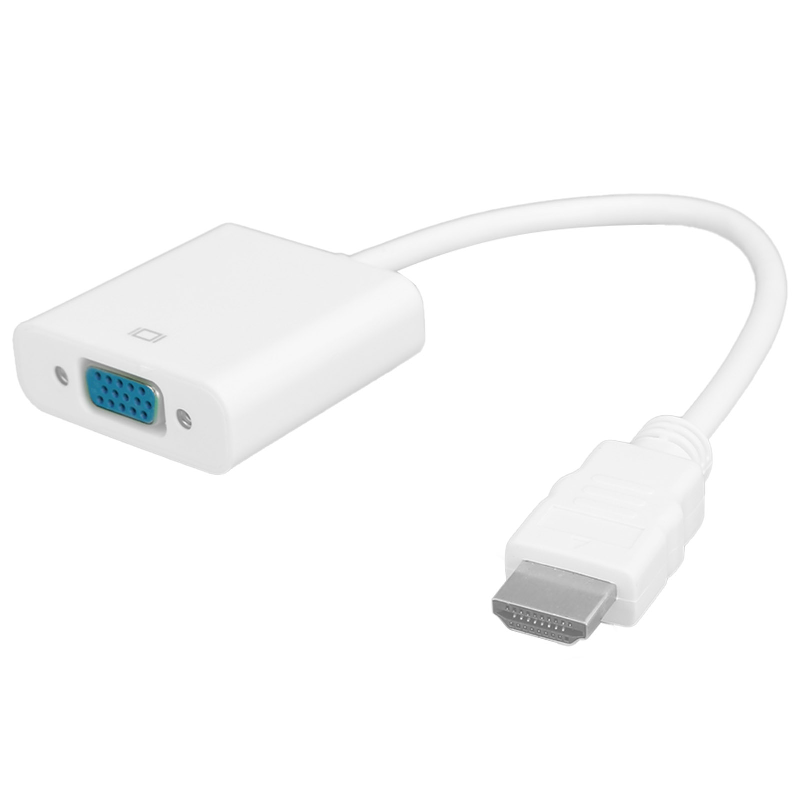 Weißer VGA-zu-HDMI-Adapter. Er hat einen VGA-Anschluss, ein Kabel und einen HDMI-Anschluss. Alles ist weiß.
