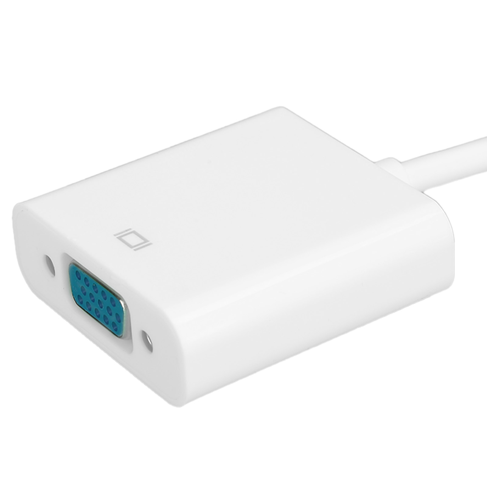 Ein weißer VGA-Adapter mit blauem Stecker und weißem Kabel. Der Adapter hat eine quadratische Form mit abgerundeten Kanten.