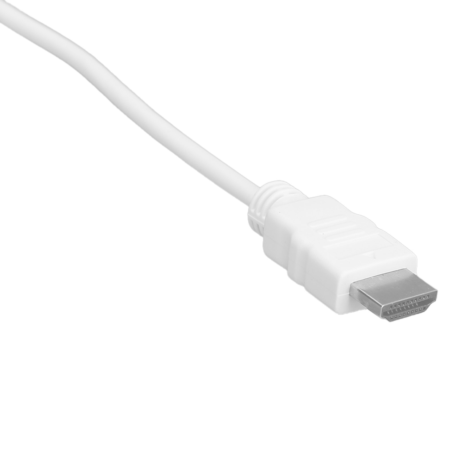 Weißes HDMI-Kabel mit Stecker. Das Kabel ist abgewinkelt und vor weißem Hintergrund.