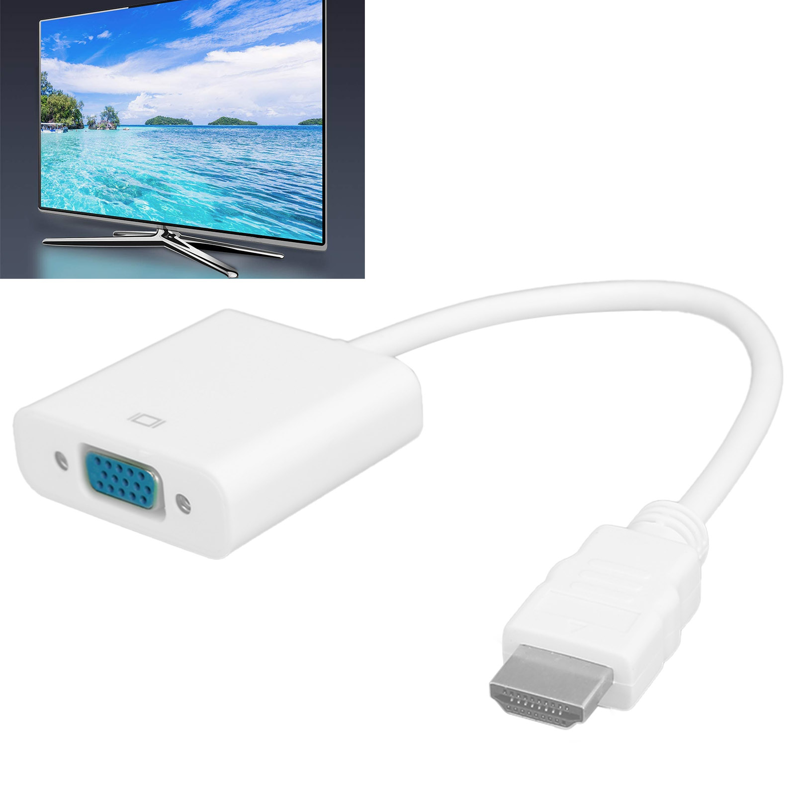 Weißes HDMI-zu-VGA-Adapterkabel. Ein Fernseher zeigt eine Meeresansicht. Das Kabel hat einen VGA-Anschluss und einen HDMI-Anschluss.