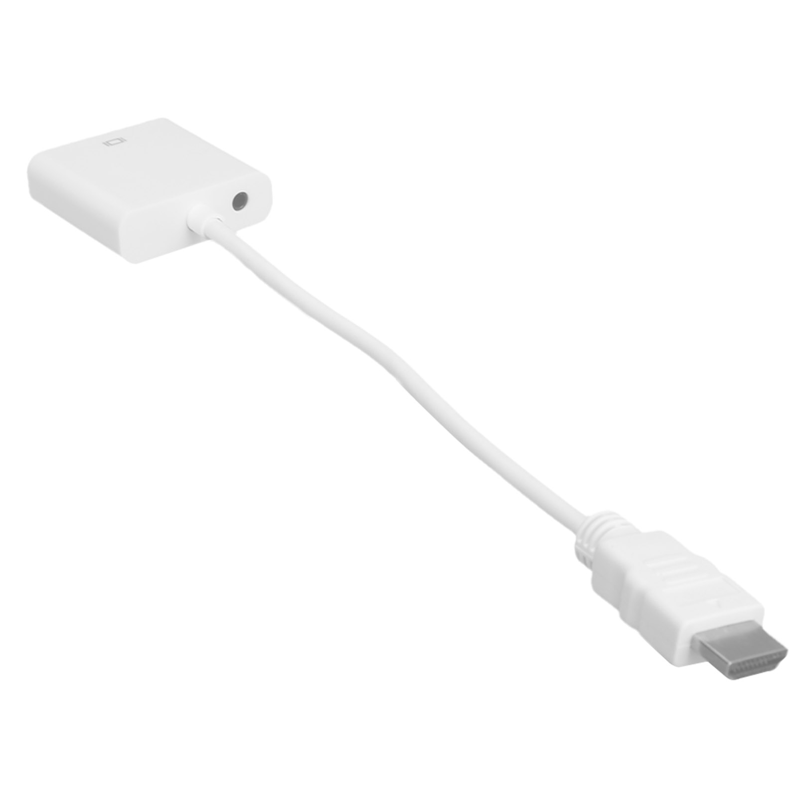Ein weißer HDMI-Adapter. Er hat einen kleinen rechteckigen Block und ein Kabel, das mit einem HDMI-Anschluss endet. Der Hintergrund ist weiß.