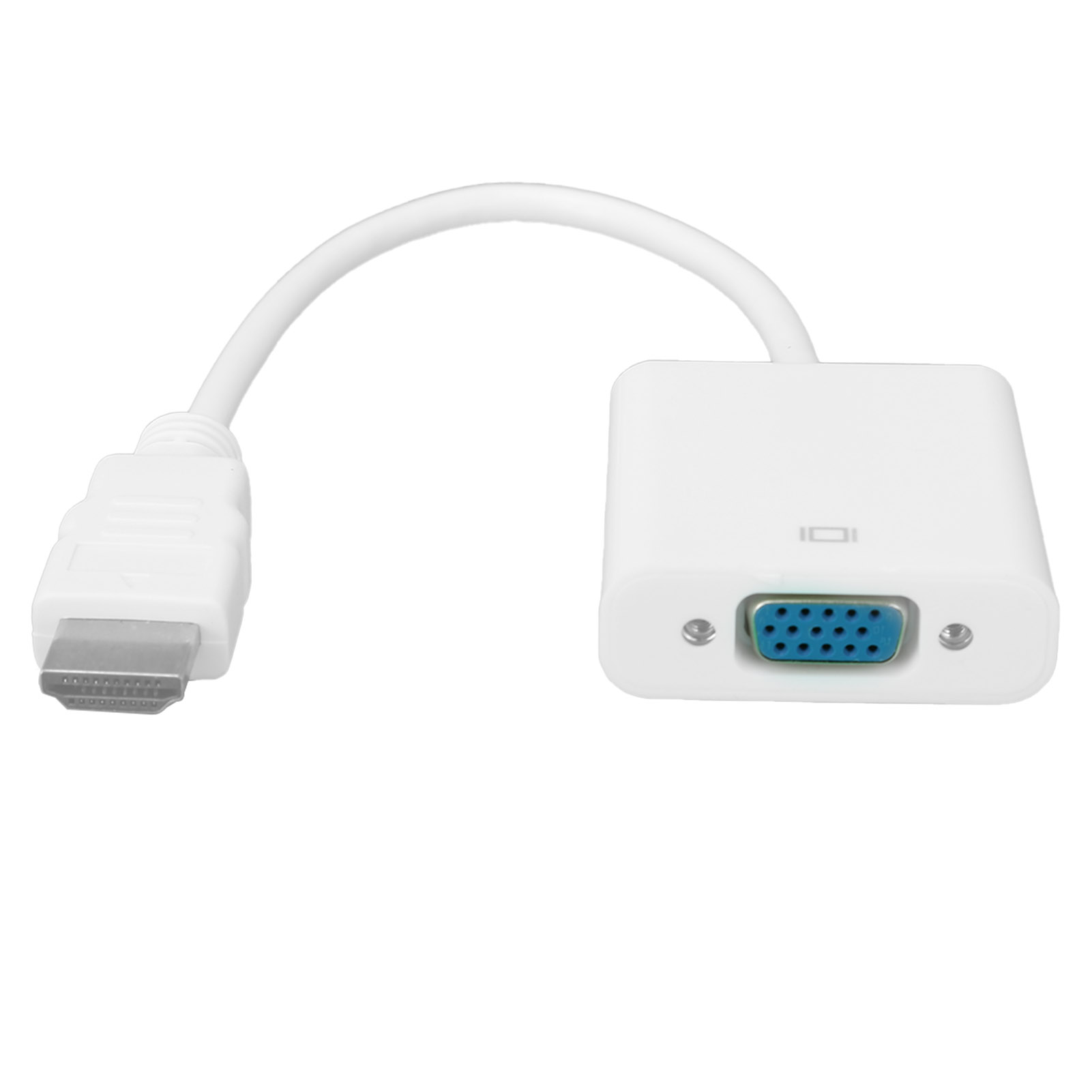 Weißes HDMI-zu-VGA-Adapterkabel. Es hat einen HDMI-Anschluss an einem Ende und einen VGA-Anschluss am anderen, mit einem gebogenen Verbindungskabel.