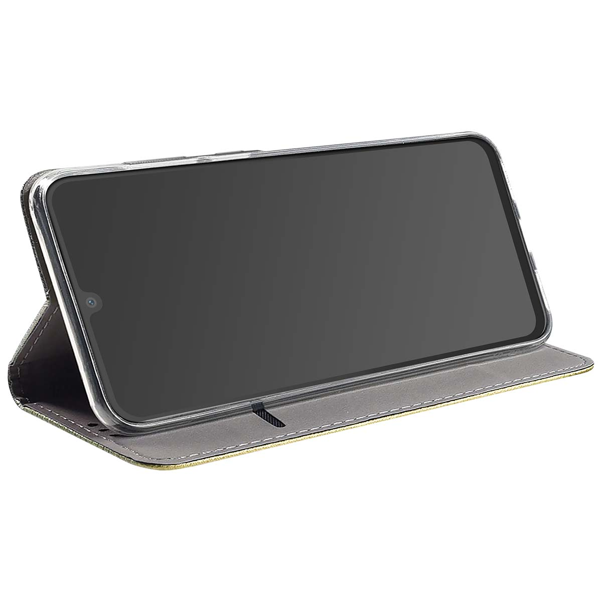 Uno smartphone in una custodia a libro è aperto. Lo schermo è grigio scuro. La custodia è grigia con bordo giallo.