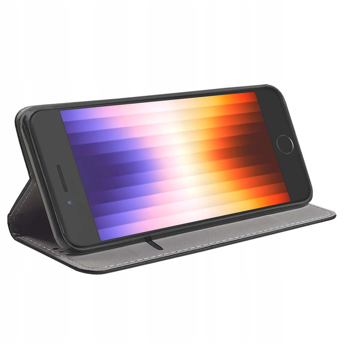 Un smartphone en una funda negra. La pantalla muestra un degradado de naranja, amarillo y morado. La funda está abierta, mostrando gris en el interior.