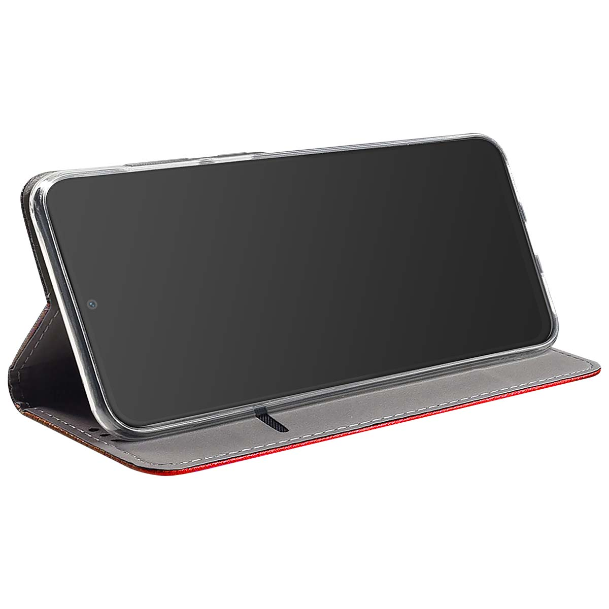 Uno smartphone in una custodia a libro è in mostra. La custodia è aperta, mostrando lo schermo del telefono.