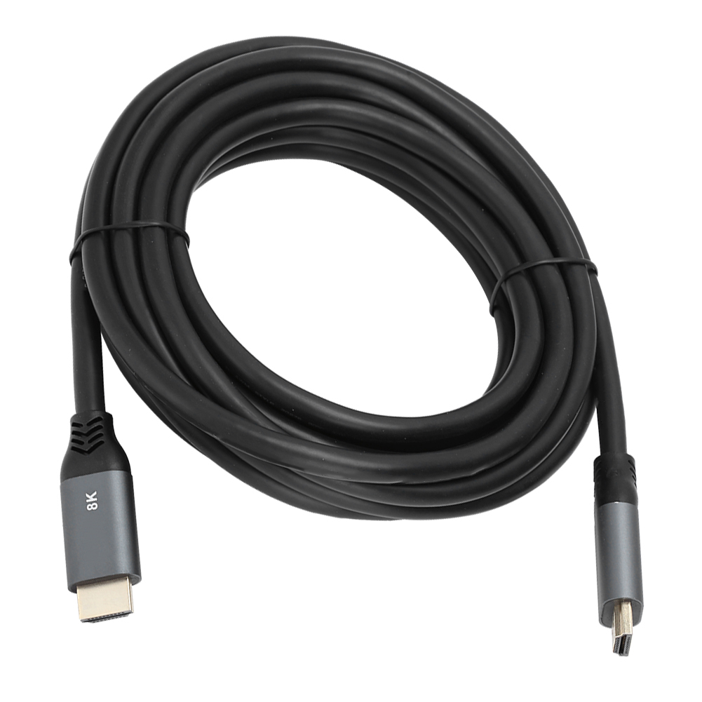 Ein schwarzes 8K-HDMI-Kabel, das sich vor weißem Hintergrund windet. Es hat zwei graue Stecker an jedem Ende.