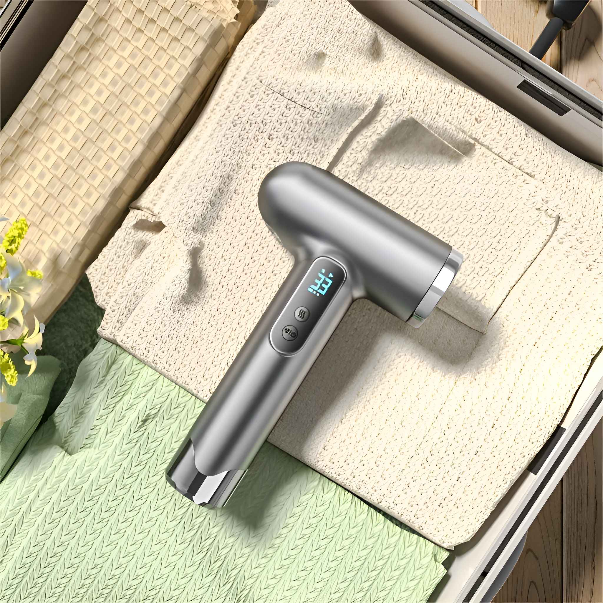 Silberne Massagepistole auf Kleidung in einem Koffer. Die Pistole hat eine digitale Anzeige und Knöpfe.