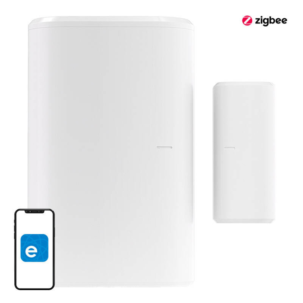 Weißer Smart-Home-Hub und -Sensor. Smartphone mit „e“-Logo auf dem Bildschirm. Zigbee-Logo oben rechts.