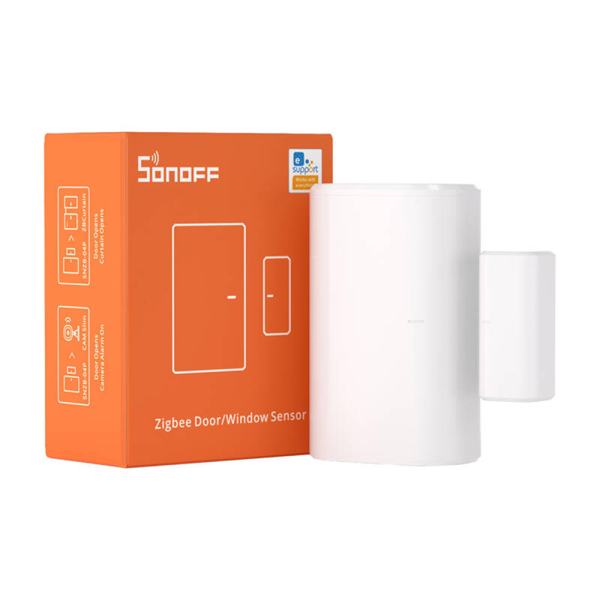 Eine orangefarbene Schachtel mit einer Abbildung eines Türsensors neben zwei weißen zylindrischen Sensoren. Auf der Schachtel steht 'Zigbee Door/Window Sensor'.