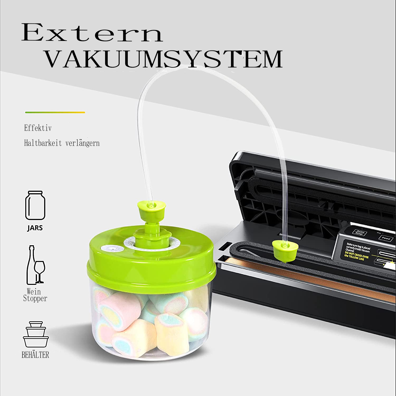 Ein Vakuumversiegelungssystem mit einem Glas, Marshmallows und einem Weinstopfen. Der Hintergrund zeigt den Siegelbereich der Maschine.