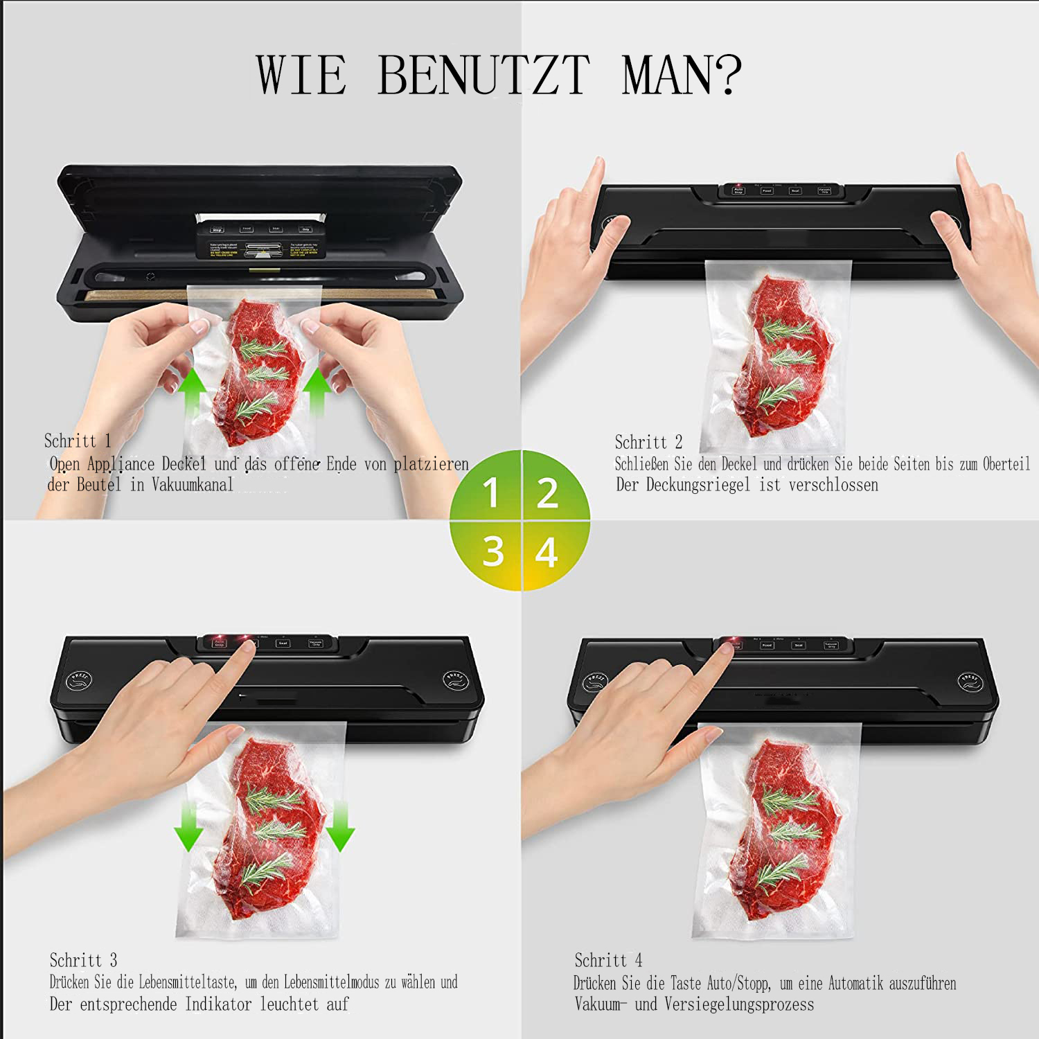 Anleitung zum Vakuumversiegeln von Fleisch. Schritte 1-4 zeigen das Einlegen des Fleisches in einen Beutel, das Schließen der Maschine und das Versiegeln.