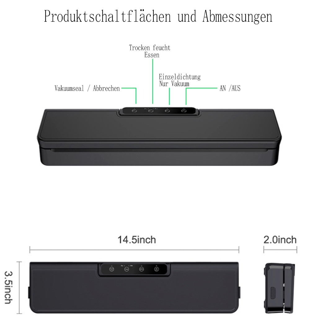 Ein schwarzes Vakuumiergerät mit beschrifteten Knöpfen. Abmessungen: 14,5 Zoll lang, 3,5 Zoll hoch und 2 Zoll breit.