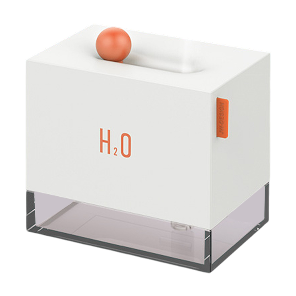 Weiße Box mit orangefarbener Kugel oben. Transparenter unterer Bereich. 'H2O' in Orange. 'JW-Design' seitlich in Orange.