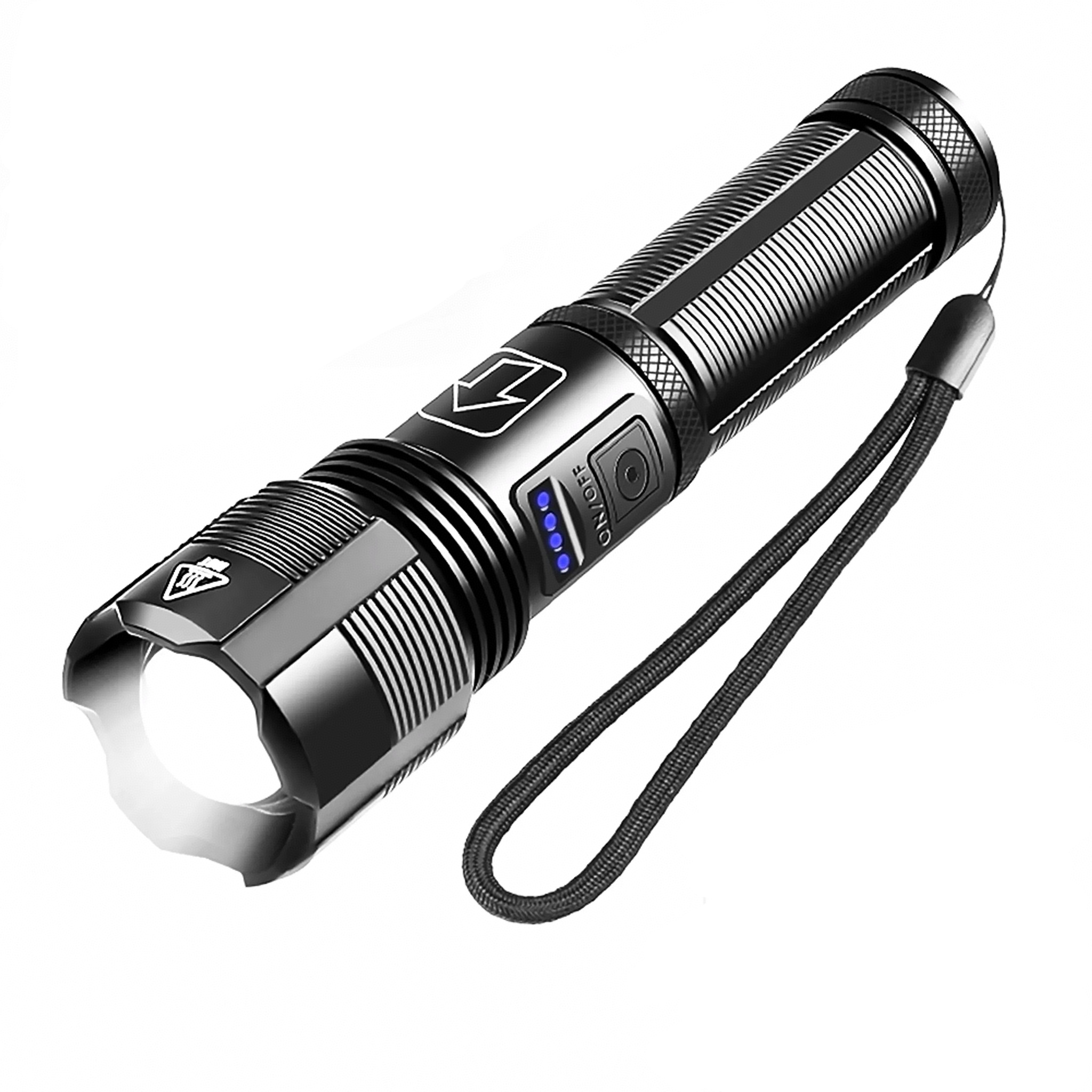 Eine schwarze Taschenlampe mit hellem weißem Licht. Sie hat einen Ein-/Ausschalter, eine Handschlaufe und Batteriestandsanzeigen.