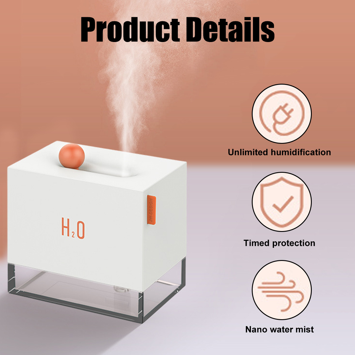 Weißer Luftbefeuchter mit orangefarbenen Akzenten, Nebel und Text 'H2O'. Merkmale: unbegrenzte Befeuchtung, zeitgesteuerter Schutz und Nano-Wassernebel.