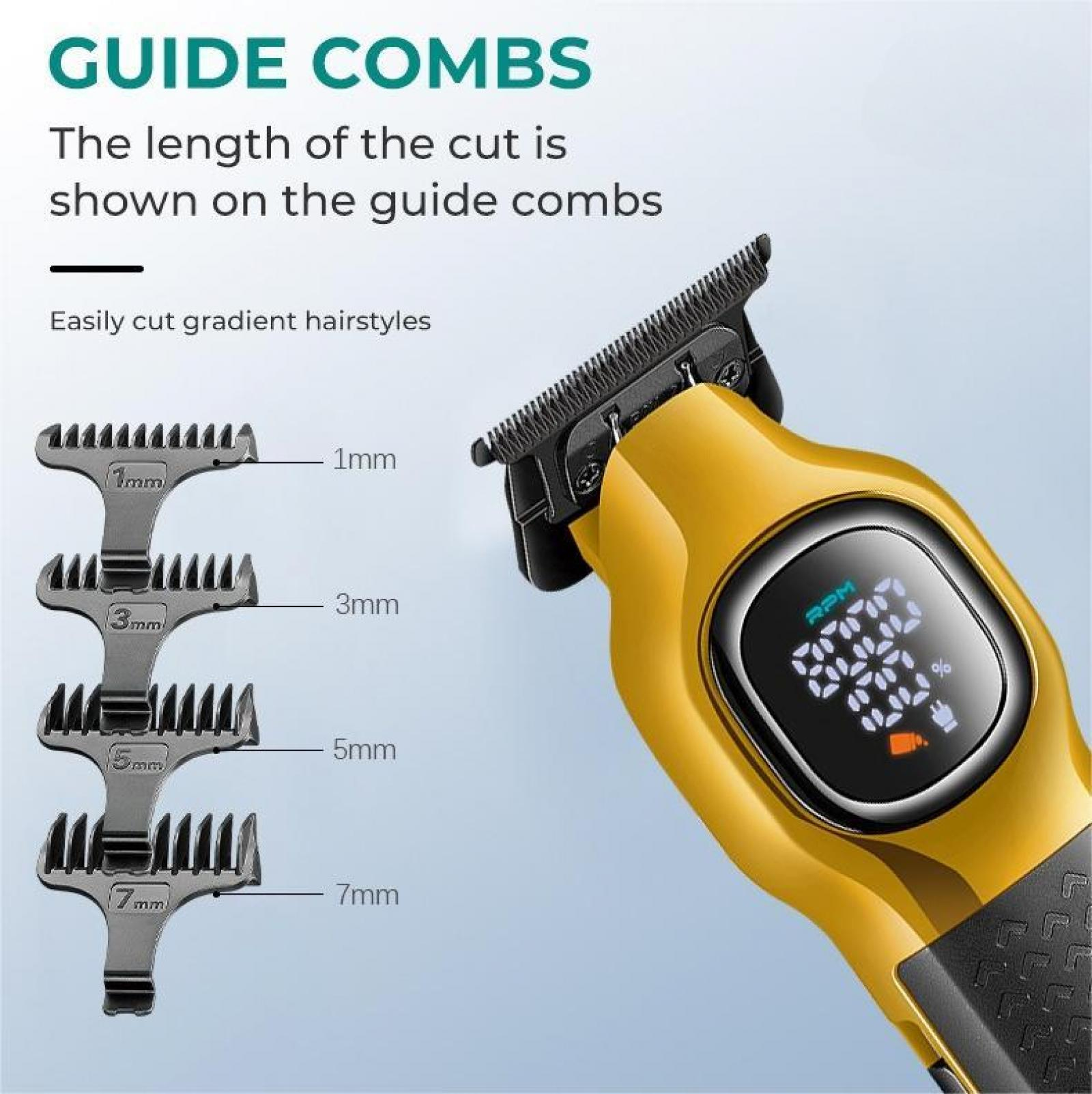 Das Bild zeigt Führungskämme für einen Haarschneider. Die Kämme sind mit 1 mm, 3 mm, 5 mm und 7 mm beschriftet. Rechts ist ein gelber Haarschneider.