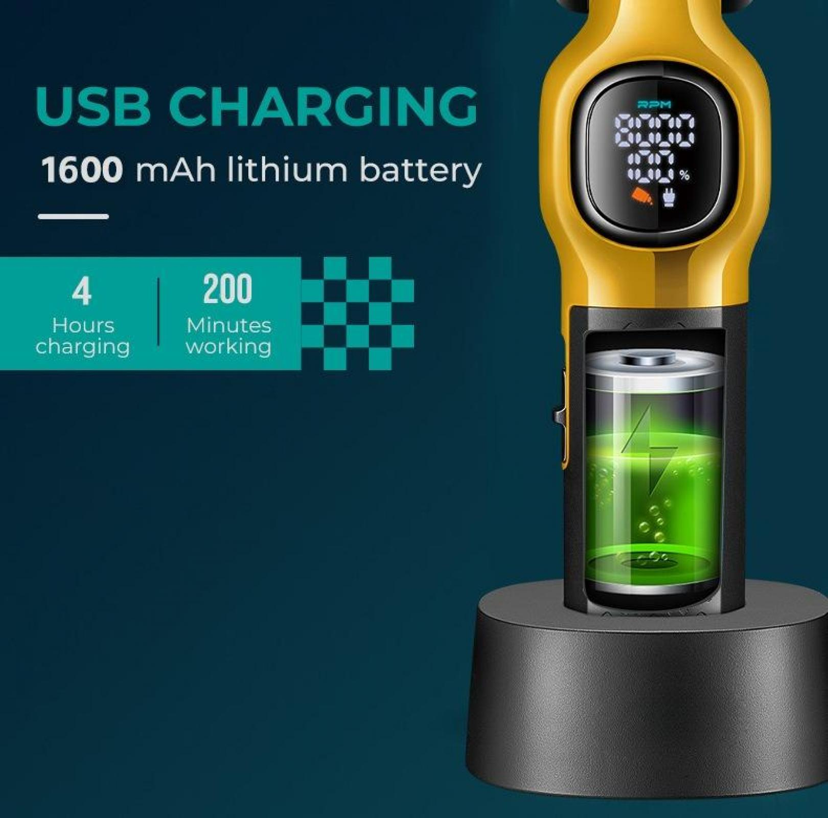 Gelber Rasierer mit Display. Zeigt Akkulaufzeit und Drehzahl. 4 Stunden Ladezeit, 200 Minuten Betrieb. Grüne Batterie innen.