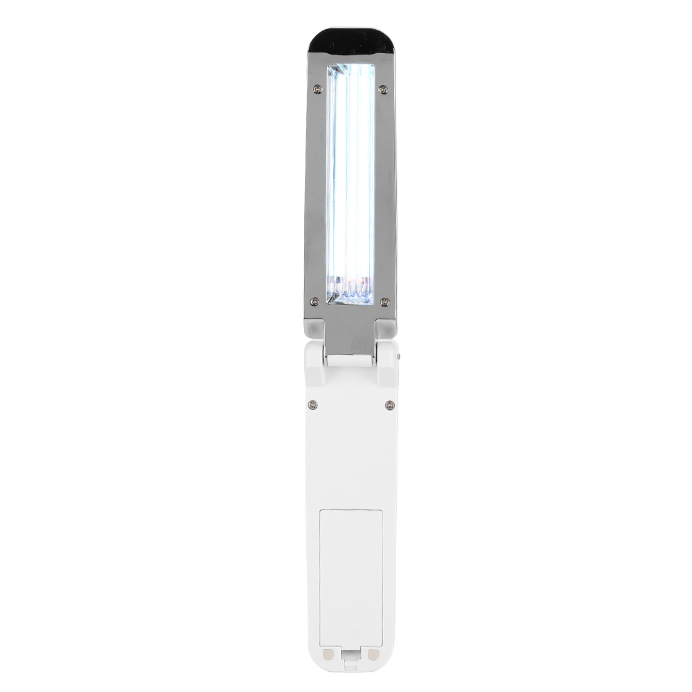 Ein weißes und silbernes UV-Licht-Desinfektionsmittel, gefaltet. Der obere Teil ist silberfarben mit UV-Licht, der untere Teil ist weiß mit einem Batteriefach.