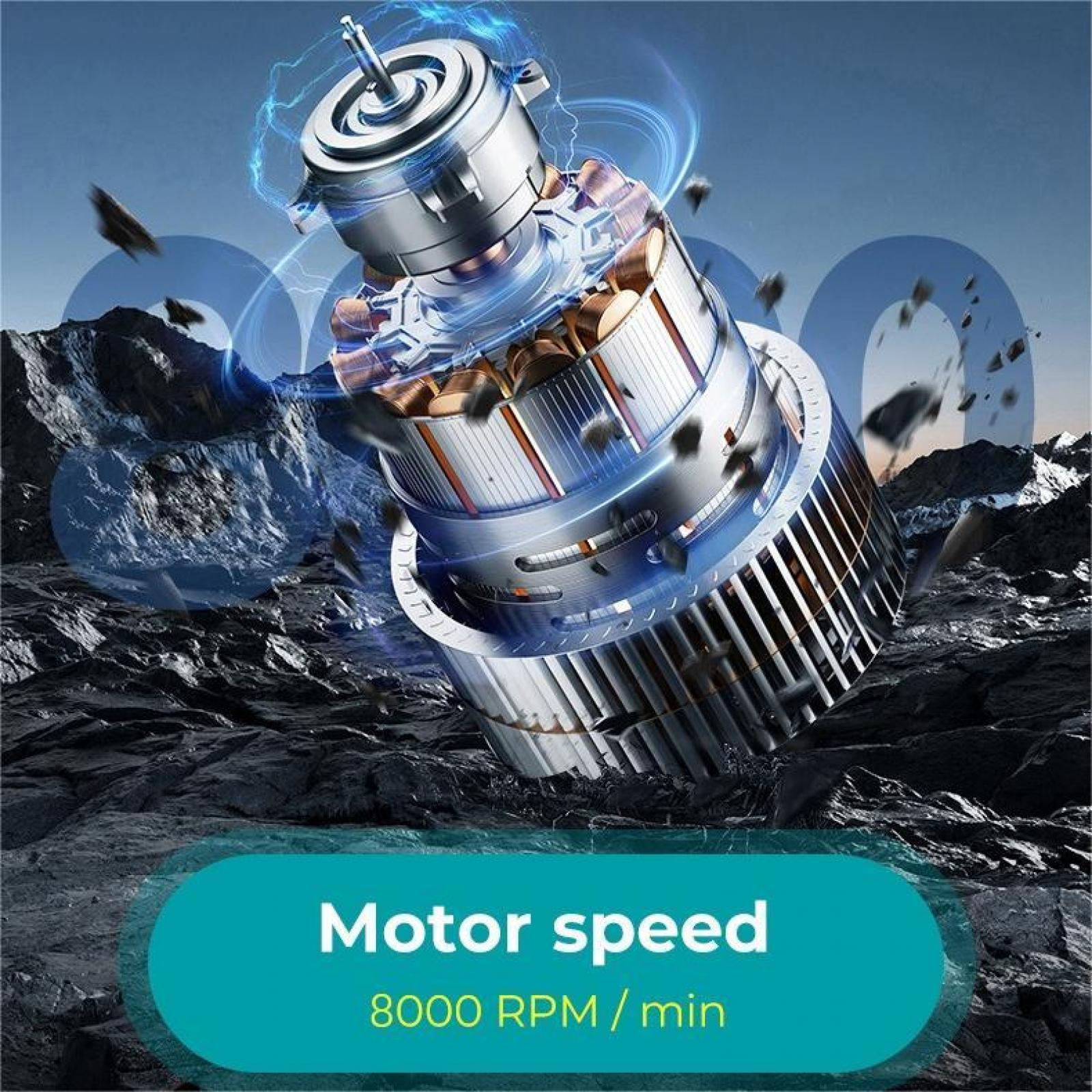 Ein Elektromotor mit Kupferspulen, silbernem Gehäuse und blauen Energiebögen. Felsen im Hintergrund mit Text 'Motor speed 8000 RPM/min'.