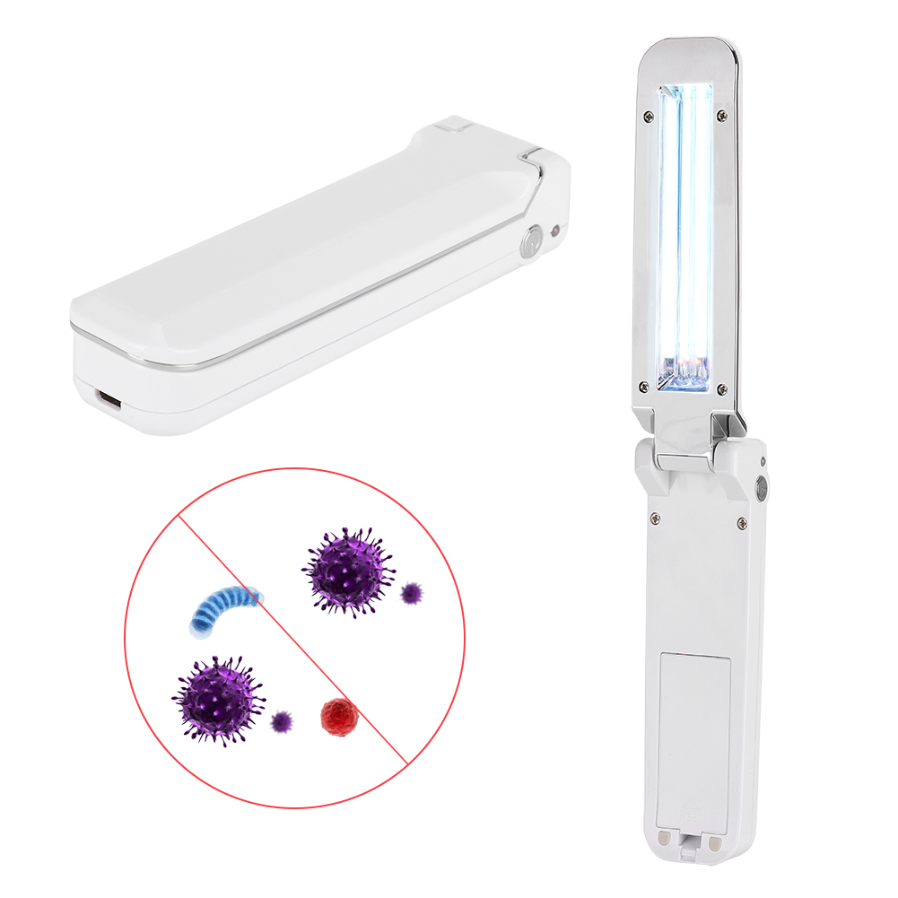 Ein weißer, zusammengeklappter UV-Sterilisator und ein offener mit Licht. Ein roter Kreis zeigt Viren mit einem durchgestrichenen Symbol.